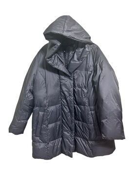 J. Jill Black Down Filled Snap Front 3/4 Length Long Hooded  Puffer Coat Sz 1x